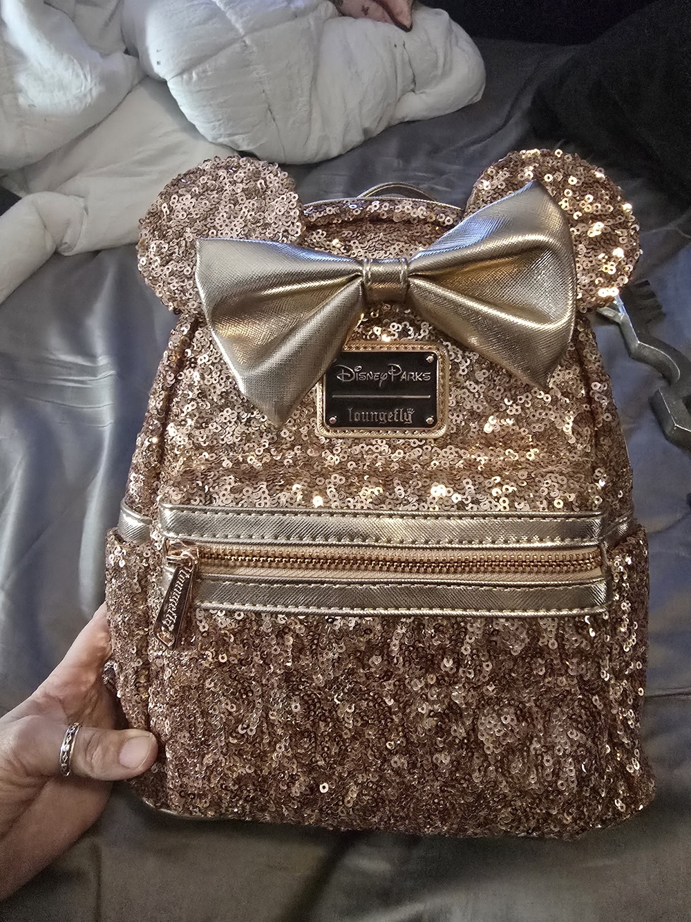 Disney Rose Gold Sequin Mini Backpack with Metallic Bow